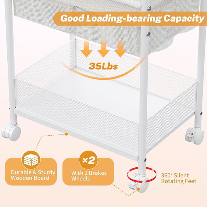 Diaper Caddy Organizer 3-Tier Rolling Cart, Metal Utility Cart with 4+2 Dividers & Lockable Silent Casters, Mobile Storage Cart for Nursery Essentials, Multi-Purpose for Kidsroom Changing Table