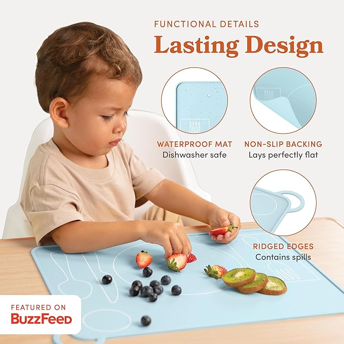Kids Silicone Montessori Placemat for Toddlers | Children Plate Mat for Dining Table Setting | by Fire Rooster Kids (Blue, 1)