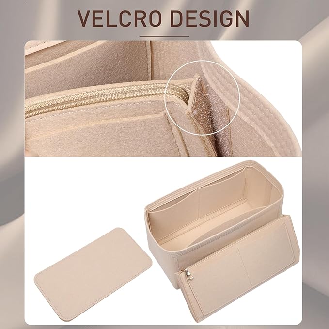 Doxo Large Felt Purse Organizer Insert - 10 Compartments with Removable Zipper | Bag Organizer Insert Fits LV Speedy 35, LV Neverfull GM & More for Women Handbag Tote Bag (Beige)