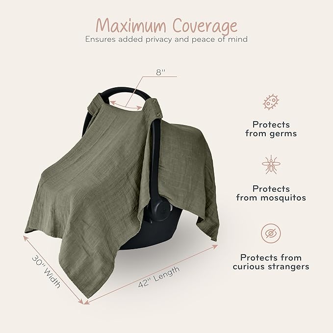 Car Seat Cover Baby - Organic Muslin Cotton - Carseat Canopy - 43" x 32" - Sage Green