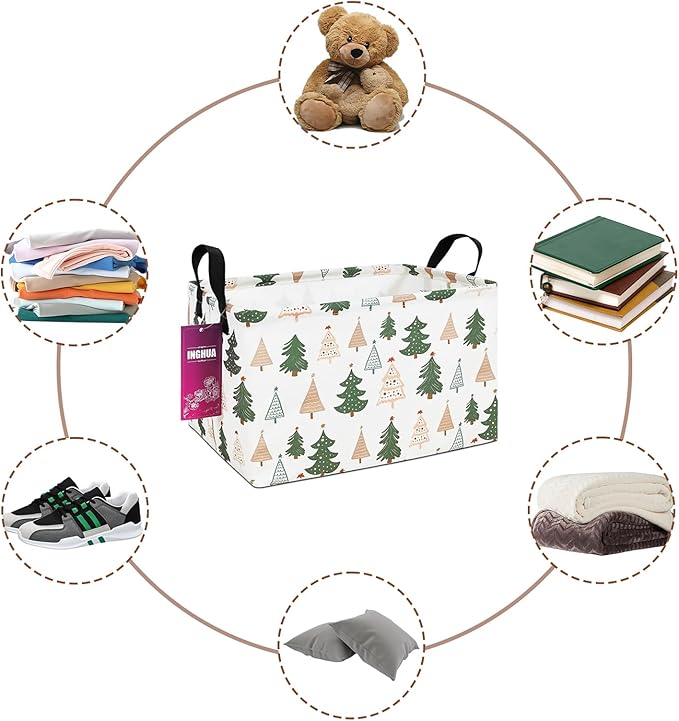 INGHUA Rectangular Storage Basket Fabric Organizer Bin for Toys,Books,Clothes,Gifts,Pets-Perfect for Home,Office,Nursery,Dorm,Shelf(Rec-pine tree)