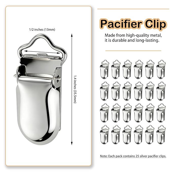 25 PCS Suspender Clips Metal Pacifier Clip Holder for Pacifiers DIY Baby Girl Toy Bibs Garter Making Supplies (1/2", Silver)