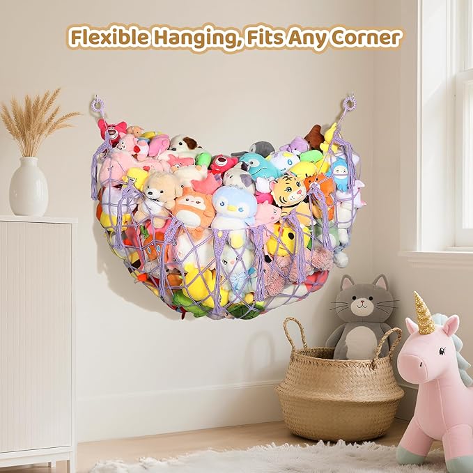 YECAYE Stuffed Animal Net, Room Decor Stuffed Animal Hammock, Upgraded 60 Inch for All Plush Dolls Organizer, Plushies Storage with Fully Handwoven Tassel, Lavender Purple (1 pack) Mesh Bags