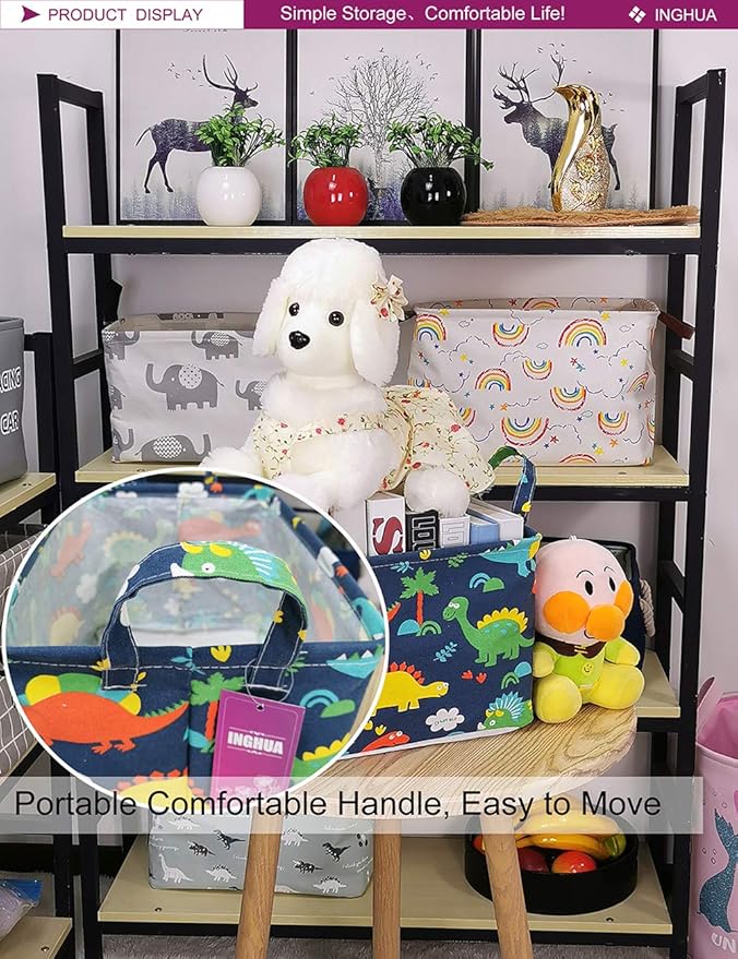 INGHUA Rectangular Storage Basket Fabric Organizer Bin for Toys,Books,Clothes,Gifts,Pets-Perfect for Home,Office,Nursery,Dorm,Shelf(Rec Forest Dinosaurs)