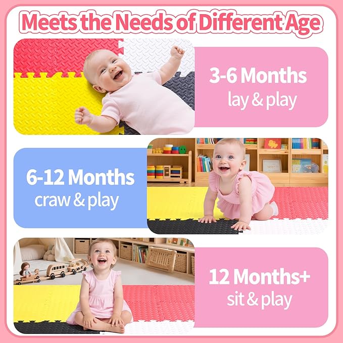Coolcandy Baby Foam Play Mat 16Pcs with Edge Strips, 4 Colors Interlocking Floor Tiles, 0.4″ Thickened Non-Slip Puzzle Floor Mat for Infants Toddlers Playroom & Daycare