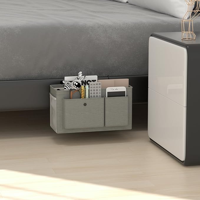 Edudif Bedside Caddy Bedside Organizer with Fixed Straps & Water Bottle Holder, Bunk Bed Caddy ideal for Home, Dorm, Hospital, Crib, Versatile Bedside Storage Solution (Grey)
