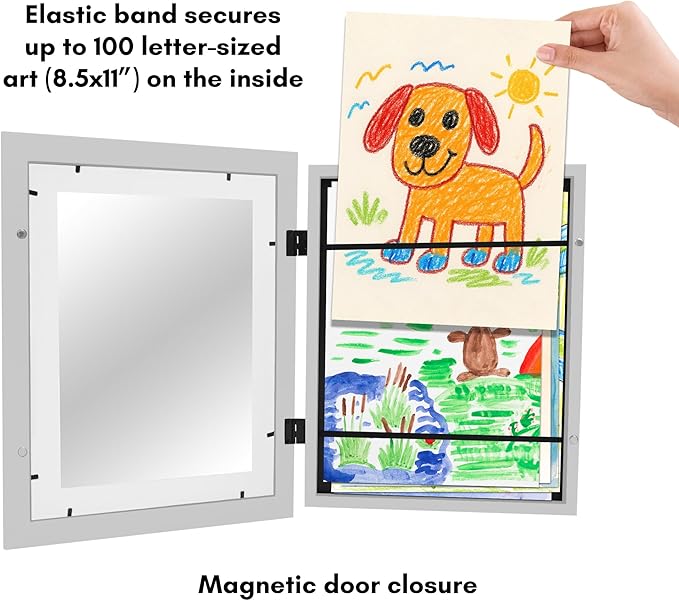 Americanflat Kids Artwork Frame Changeable (Gray) - Magnetic Door Holds 100 Art Pieces - 8.5x11 Letter Size Display with Mat or 10x12.5 Without Mat - My Mini Masterpiece