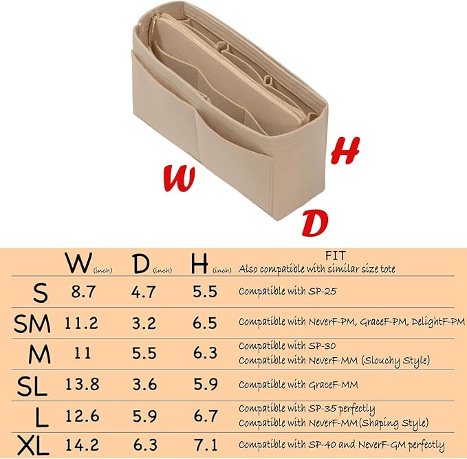 Purse Organizer Insert with Zipper Felt Bag Organizer Handbag Organizer Insert Bag in Bag Organizer with Key Chain for Tote Purse Bag Beige Slender-Medium