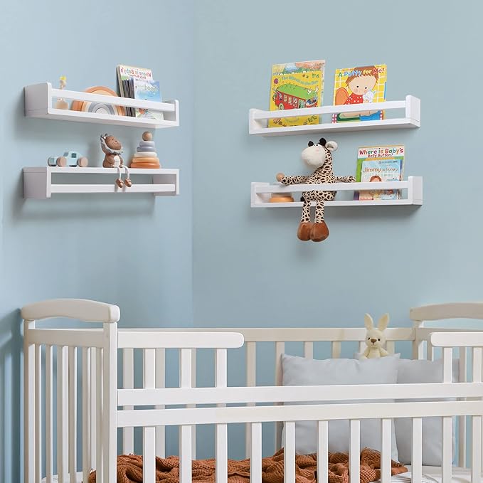 Fun Memories Nursery Book Shelves, 24Inch Floating Shelf for Wall, Wall Bookshelf for Kids Solid Wood Wall Mounted Shelves for Books,Toys and Decor Storage, Set of 2