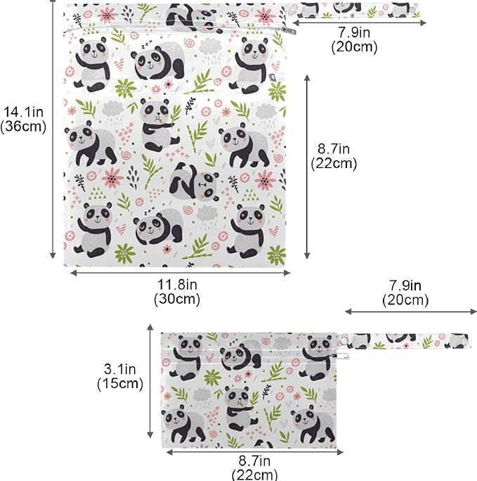 visesunny Cute Panda 2Pcs Wet Bag with Zippered Pockets Washable Reusable Roomy for Travel,Beach,Pool,Daycare,Stroller,Diapers,Dirty Gym Clothes, Wet Swimsuits, Toiletries