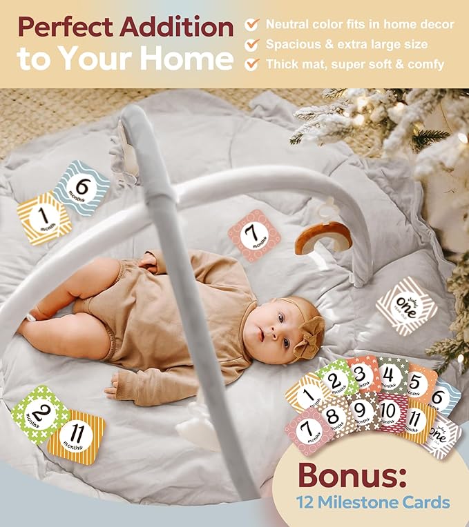 5-in-1 Thick & Plush Baby Play Gym, Baby Play Mats for Floor, Tummy Time Mat with 6 Toys, Convertible Stage-Based Developmental from Babies to Toddlers, Ball Pit, Grey