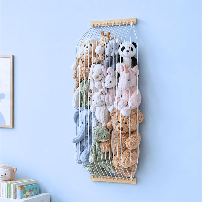 Stuffed Animal Storage Hammock Wooden Plush Toy Organizer for Kids Room Décor, Playroom Nursury Plush Toys Storage Caddy, Decoration Wall Hanging Stuffed Animal Net or Hammock Corner