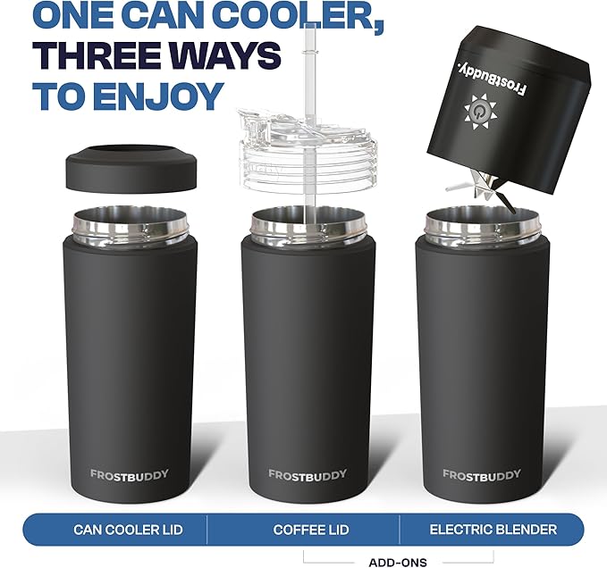 Universal Buddy XL Can Cooler by Frost Buddy - Fits 12-ounce, 16-ounce, 20-ounce, and 24-ounce Cans and Bottles - Keep Your Drinks Refreshingly Chilled for over 12 hours. (Black)