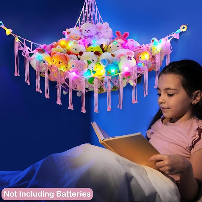 Basumee Stuffed Animals Net or Hammock with LED Light, Hanging Stuffed Animals Storage Toy Hammock Net Corner Wall Girls Room Decor Toy Storage Organizer, Pink, XL