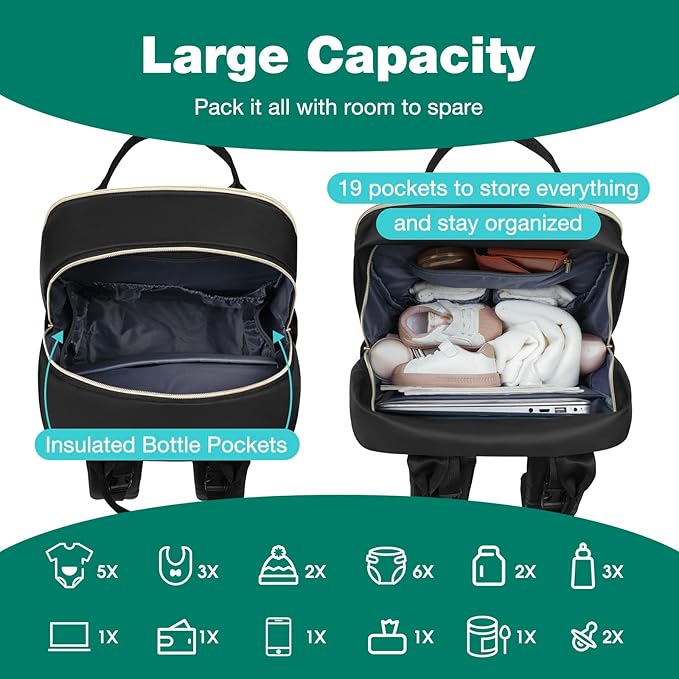 MOMUVO Diaper Bag Backpack, Quilted Baby Bag with Changing Pad and Stroller Straps, Dark Black