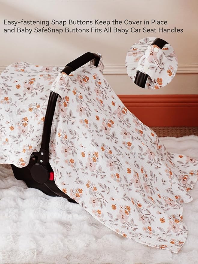 TILLYOU Baby Car Seat Cover, Breathable Muslin Cotton Infant Car Seat Cover, Lightweight Canopy with Sun and Bug Protection(Yellow Flower)