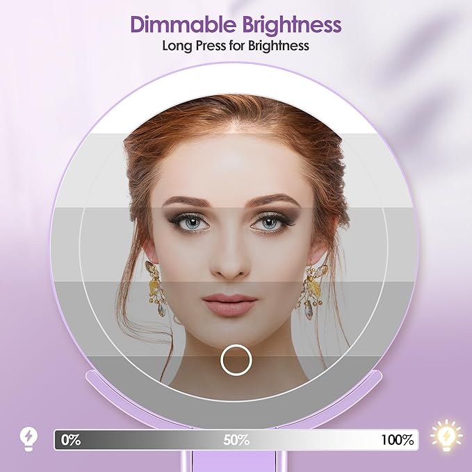 MIYADIVA Magnifying Mirror with Light, Double Sided 30X/1X Lighted Travel Makeup Mirror with Magnification, 3 Color Lighting, Dimmable Touch Screen, Adjustable & Foldable Hand Mirror (Purple)
