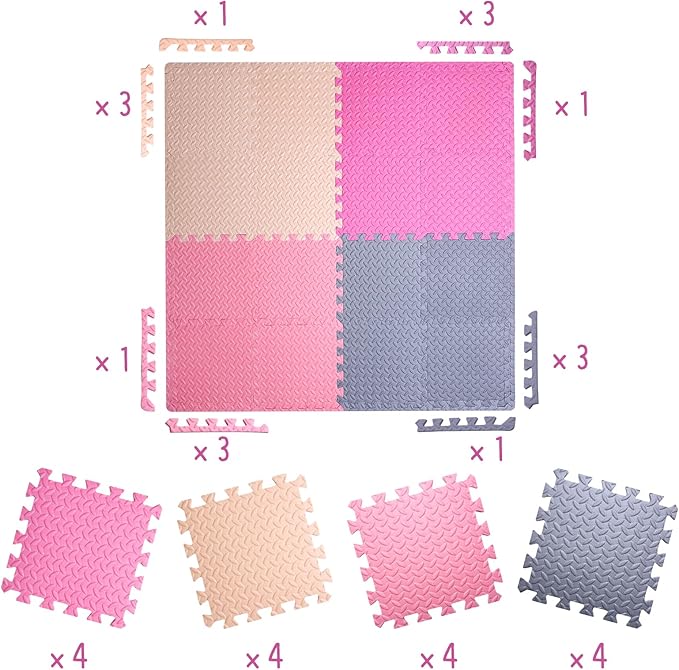 Coolcandy Baby Foam Play Mat 16Pcs with Edge Strips, 4 Colors Interlocking Floor Tiles, 0.4″ Thickened Non-Slip Puzzle Floor Mat for Infants Toddlers Playroom & Daycare