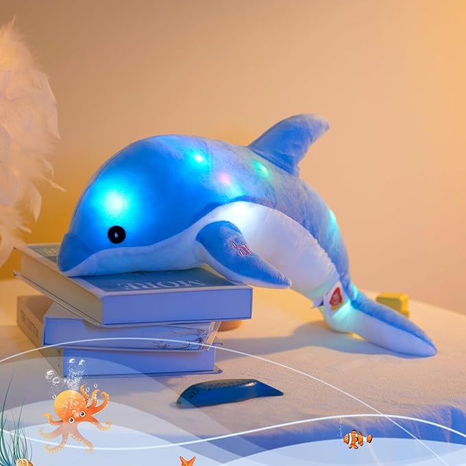 Glow Guards Light up Musical Stuffed Dolphin Ocean Life Soft Plush Toy with LED Night Lights Nursery Songs Glow Singing Sea Animals Birthday for Toddler Kids, 18''