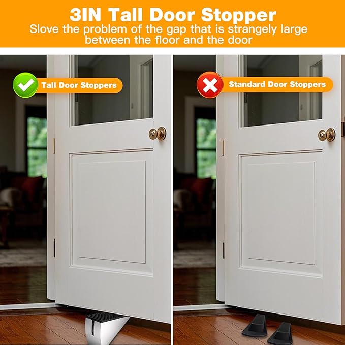 2 Pack Heavy Duty Metal Door Stop, Strongest Large Adjustable Spring Door Stopper Up to 3 inch Tall, Door Stoppers for Bottom of Door, Silver Rubber Door Wedge for Any Heavy Doors