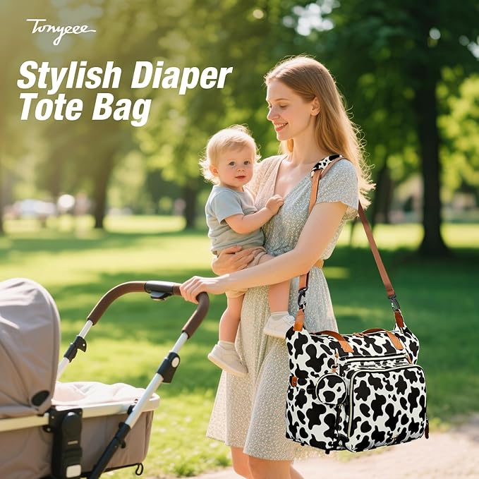 Tonyeee Diaper Bag Tote, Large Baby Diaper Bags for Travel, Hospital Bag for Labor Delivery with Pacifier Case, Changing Pad, Shoulder Strap, Cow Print