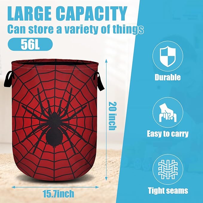 Red Spider Web Laundry Basket, Laundry Hamper Collapsible Oxford Cloth with Handle Clothes Toy Storage Bin for Bathroom Laundry Room Bedroom 15.7 X 20 Inch
