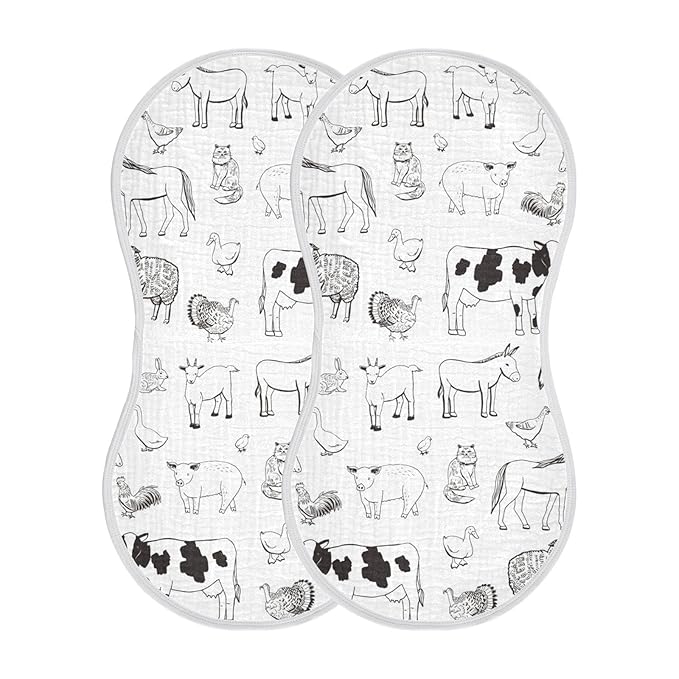Muslin Baby Burp Cloths Set of 2, Soft Absorbent Farm Animals Muslin Washcloths, Bibs, Face Towel for Newborn Boys Girls, 22 x 11 Inch