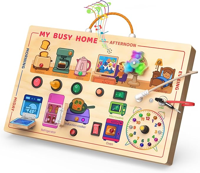 flycoost My Busy Home Montessori Busy Board for Toddlers 1-3, Wooden Sensory Activity Board with Switches, Lights, Clock, Kitchen Appliances Toys, Educational Busy Board for 1+ Year Old Boys Girls