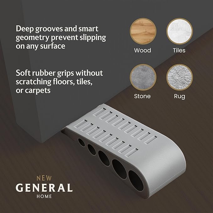 Door Stoppers (3 Pack), Heavy Duty Rubber Door Stopper Wedge for Bottom of Door on Floor, Non-Slip Stackable Door Stops for Carpet & Hard Floors, Includes Storage Holder/Bracket - Grey - 3-Pack