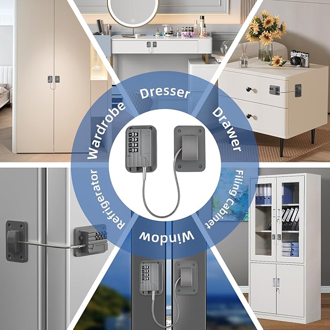 RORMGO Refrigerator Lock, Heavy Duty Fridge Locks for Kids, Freezer Lock with Combination for Refrigerator Drawer Cabinet Safety, Easy to Install No Keys Needed Grey