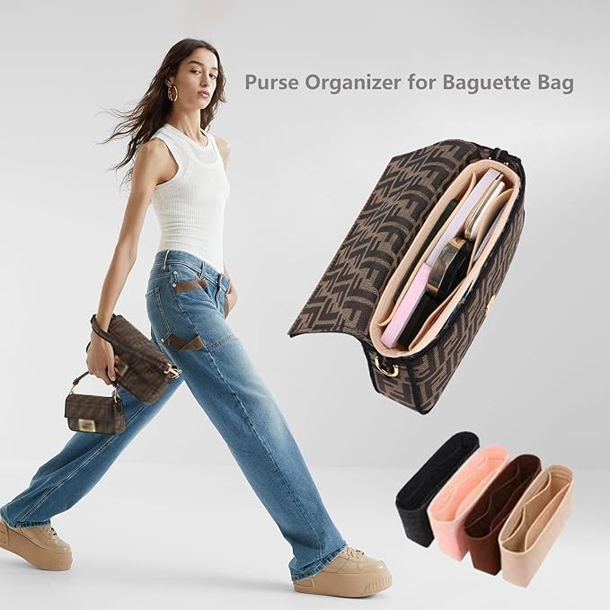 Chispee Purse Organizer Insert for Handbags, Softened Felt Insert Bag Organizer for Tote, Handbag Organizer with Pocket fit for Baguette, Longchamp (Mini, Dark grey)