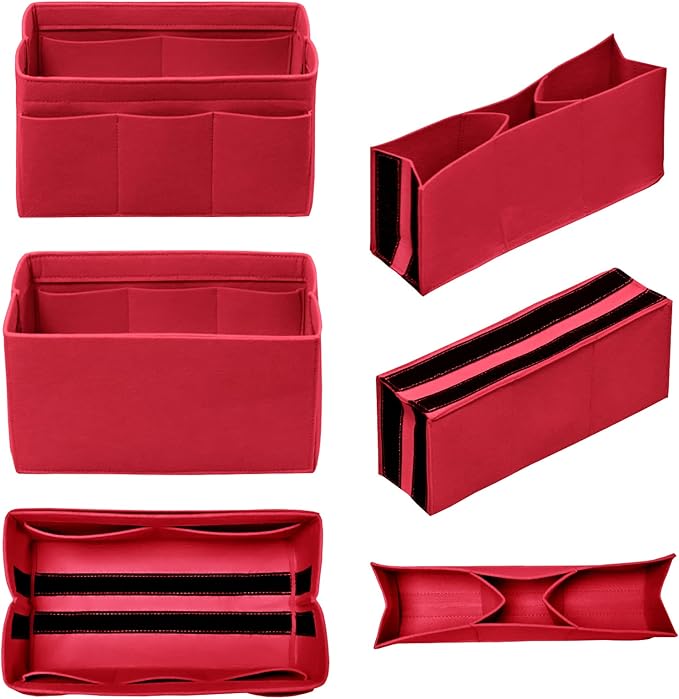 Purse Organiser with Zip, Key Ring, Felt Bag, Organiser, Handbag Organiser, with Key Chain for Bag, Suitable for LV Speedy Neverfull Longchamp, Red, Large