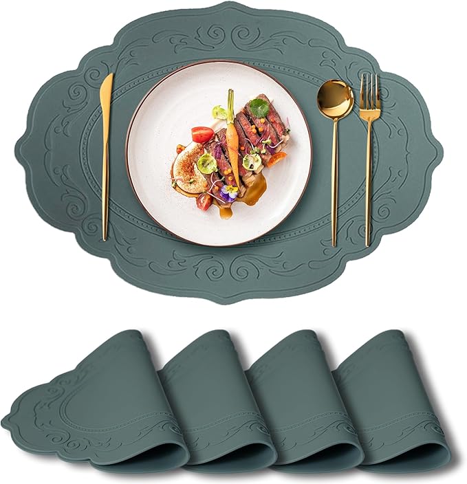 Silicone Placemats Set of 4, Oval Heat Resistant Non-Slip Table Mat, Waterproof Silicone Placemat, Baking Mats, Easy to Clean Table Protector Mat by Siliconty(4, Dark Green)
