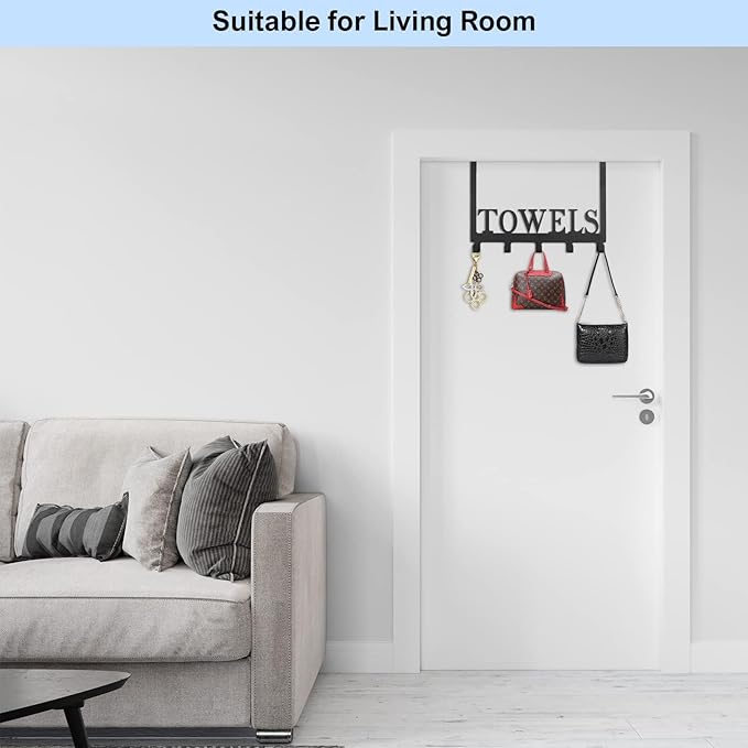 Azmoncy Over The Door Hooks, Towel Rack for Bathroom Towel Holder for Hanging Heavy Duty,Towel Hanger with 5 Hooks for Bedroom Bathroom Kitchen, Black
