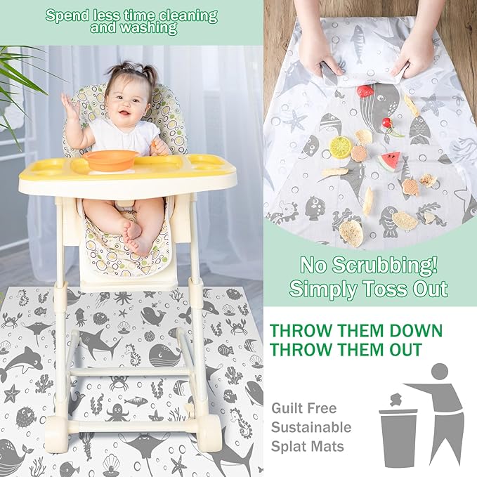 Drydiet 100 Pack 28"x47" Disposable Floor Splat Mats for Under High Chair with Animals Print, Waterproof Plastic Floor Mat Multipurpose Baby Led Weaning Supplies(Sea Animal)