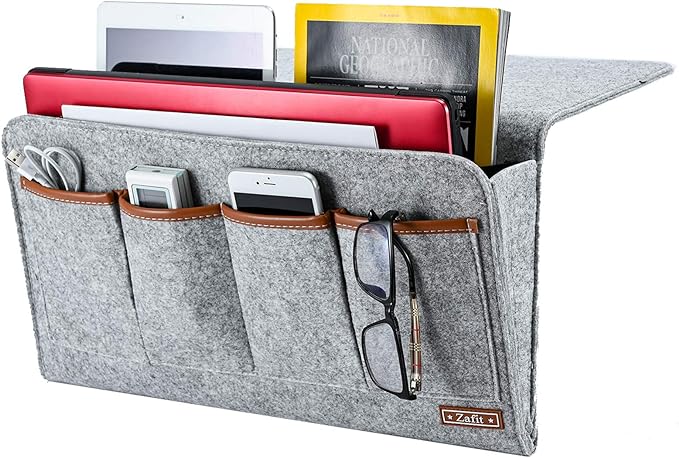 Zafit Bedside Caddy, Large Size Storage Organizer with 7 Pockets for Magazine, Remotes, Phone (17.3'' x 18.1'', Light Grey)