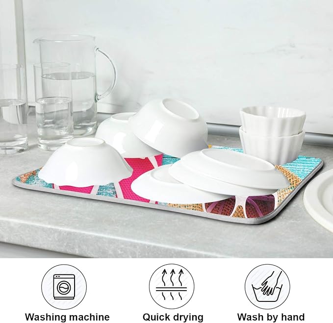 Summer Flip Flops Dish Drying Mat 16x18 in for Kitchen Counter Decor, Absorbent Blue Wooden Board Dry Pad Seashells Baby Bottle Dryer Rack Drainer Mats for Countertop Sink