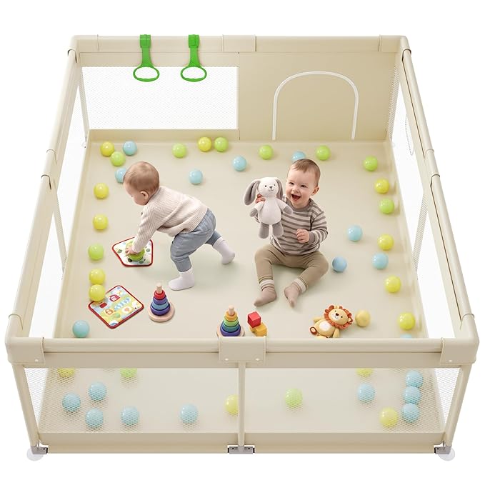 Fodoss Baby Playpen, 59×69in Beige Playpen for Babies and Toddlers, Play Pen for Apartment, Kids Activity Fence, Baby Playard with All-Side Mesh, Pull Rings