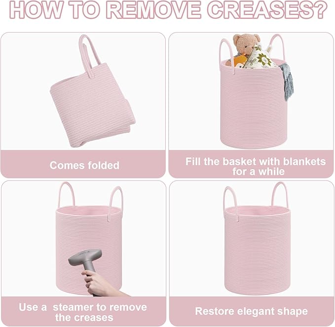 Cotton Rope Storage Basket with Handles, Pink, Large Capacity Laundry Hamper and Laundry Basket for Clothes, 15x18 Inches, Nursery Organizer