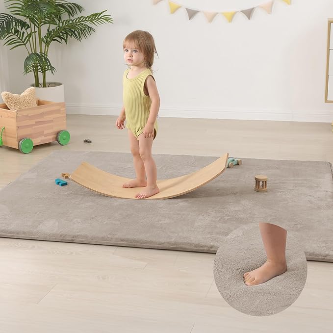 Extra Large 79"×158" Baby Play Mat for Floor,1.3" Thick Elasti Foam Playroom Mat for Toddler,Infant,Kids,Ultra Soft Velvet Classroom Rug,Non Slip Backing Safe for Crawling&Tummy Time(Beige)