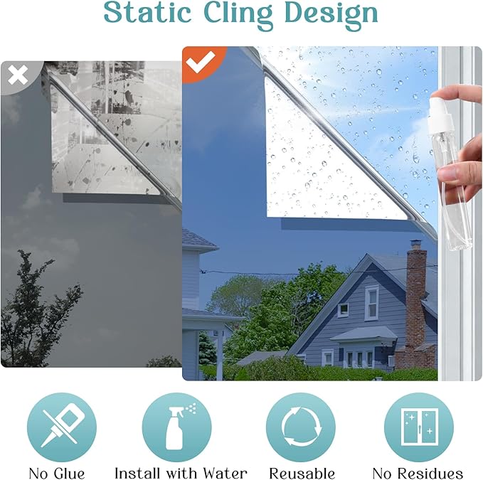 Haton Window Privacy Film One Way Window Tint for Home, Sun UV Blocking Heat Control Reflective Mirror Film, No Glue Static Cling See Out Not in Glass Door Covering, Blue Silver, 17.5" x 157.4"