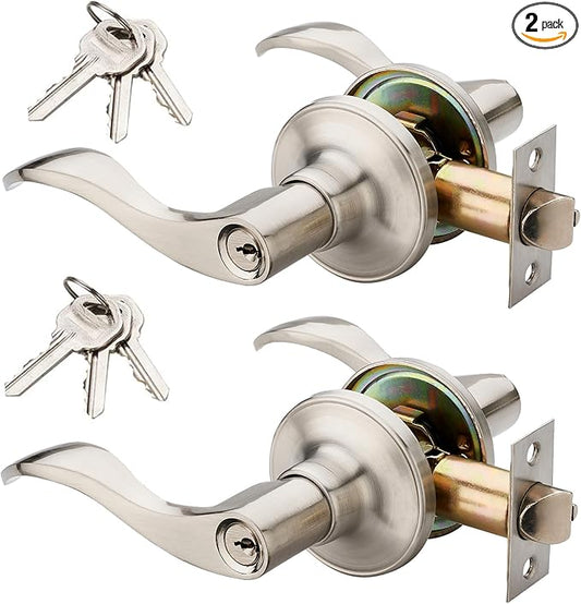 2 Pack of HENYIN Wave Lever Keyed Entry Door Lock/Door Knob Hardware Handle and Closet Lockset, Silver Color, with Key,Left Hand(805SN-L-2)