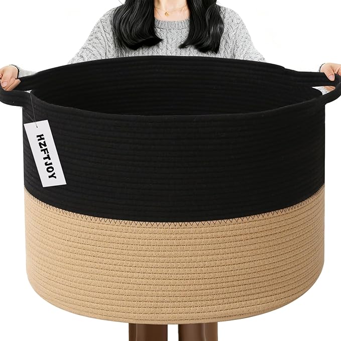 Large Storage Basket with Handle,19.7" L x 19.7" W x 13" H Blanket Basket Storage Bins for Organizing,65L Cotton Rope Woven Baskets for Living Room, Nursery,Bedroom,Black&Camel