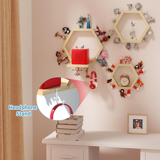 Hexagon Tonies Shelf Magnetic - Tonies Storage Shelf Set of 3 for Kids Room, Wooden Magnetic Display Shelf for Tonie Box Holder, Wall Floating Shelves Toy Storage Compatible with Tonie Accessories