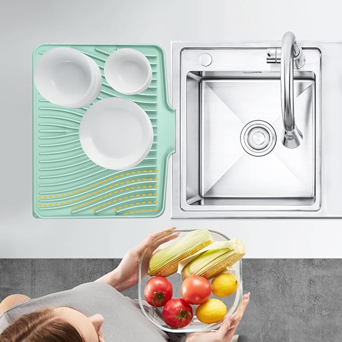Silicone Dish Drying Mat for Kitchen Counter, Dish Drying Pad, Non-Slip Drain Pad with Built-in Drain, Heat Resistant Stone Drying Mat(16" x 12", Mint)