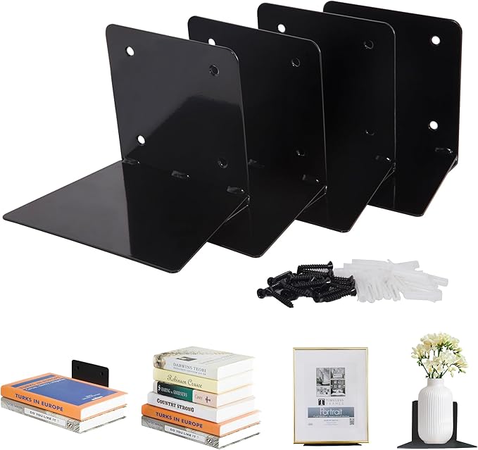 STORAGE MANIAC Floating Book Shelves for Wall Mounted Invisible Floating Bookshelves Heavy-Duty Steel Hidden Bookshelf Hanging Bookshelves for Bedroom Living Room Office, Black 4-Pack Large
