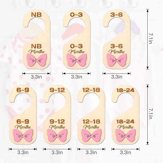 Bnesi Wooden Closet Dividers Wooden Bow Dividers for Closet Set of 7 Double-Sided Newborn Clothes Size Hanger Dividers from Newborn to 24 Months Pink Nursery Decor (Cute)