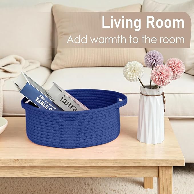 JMvicyroam Woven Basket,Small Rope Storage Bin with Handles & Ribbon Bag, Organizer for Shelves Closets,Gift Basket Empty for Birthday,Books,Dog Toys, Navy Blue