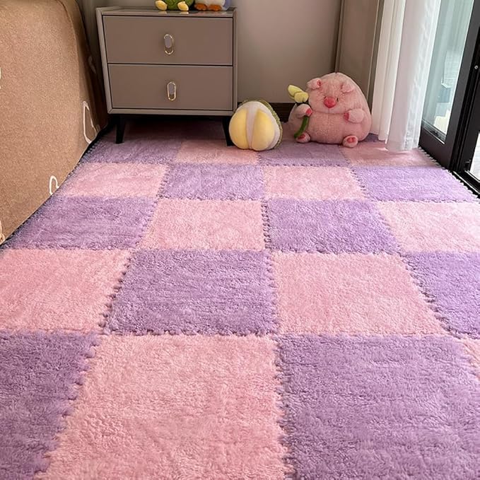 12pcs Carpet Squares Puzzle Floor Mat, Plush Interlocking Carpet Tiles, Anti Slip EVA Foam Jigsaw Floor Tiles, Build A Safe Area for Bedroom Playroom (Pink+Purple)