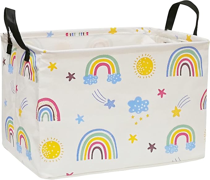 DUYIY Rectangle Gift Storage Basket Home Shelf Storage Basket Organizer Box Clothes Laundry Hamper Nursery Basket Laundry Basket with Handles (Rainbow)